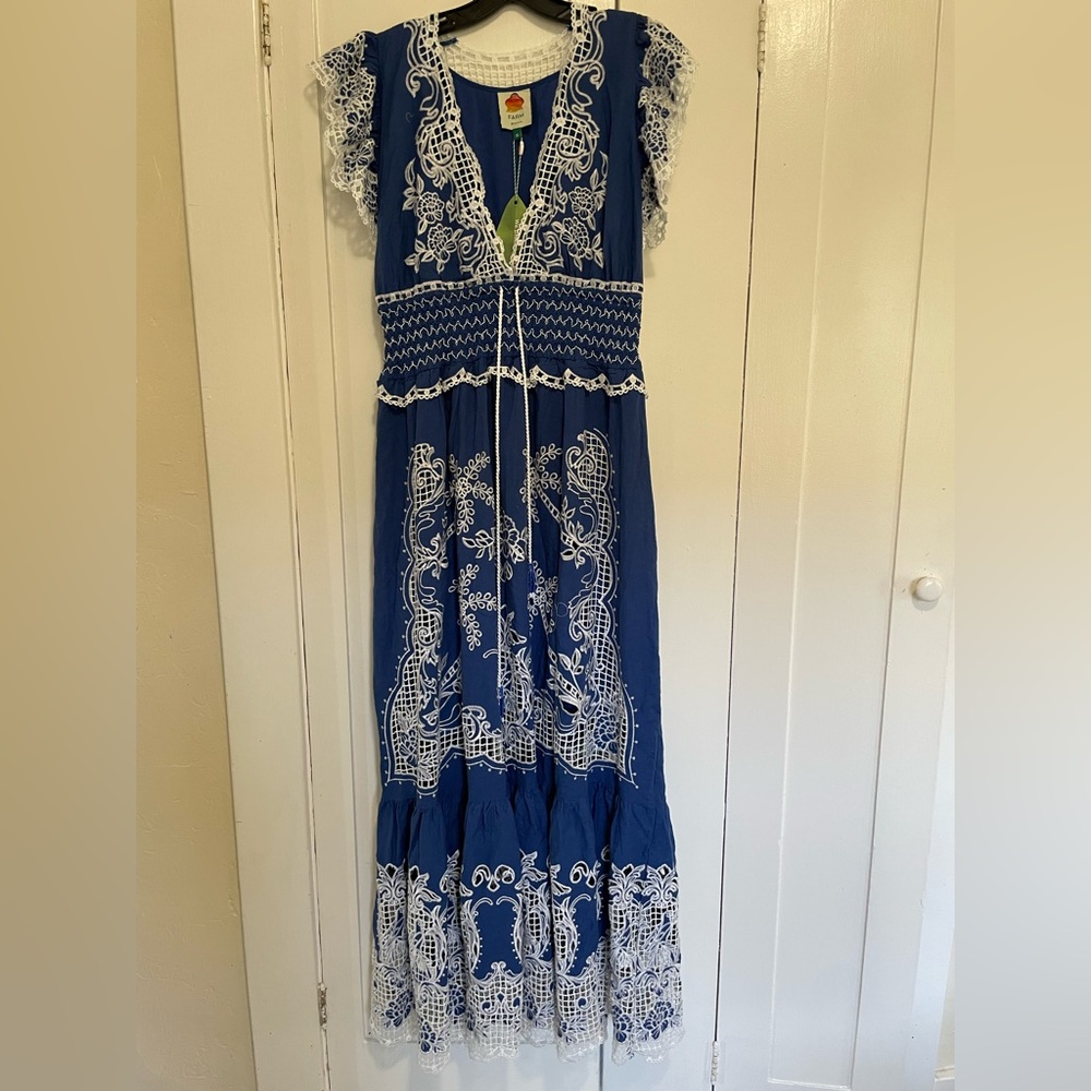 FARM Rio Royal Blue Maxi Dress with White Lace Embroidery